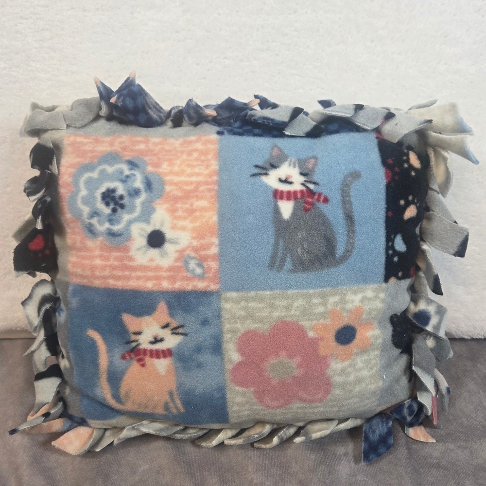 Handmade Fleece Tie Pillow Cat Floral Patchwork Print Blu Peach Decorative 14x11